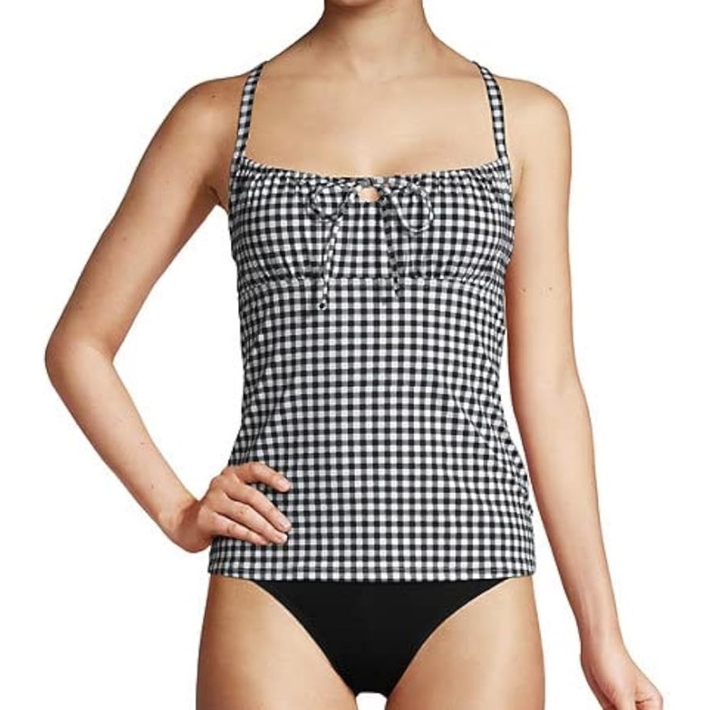 Lands’ End Chlorine Resistant Tie Front Underwire Tankini Top Black/ White-4